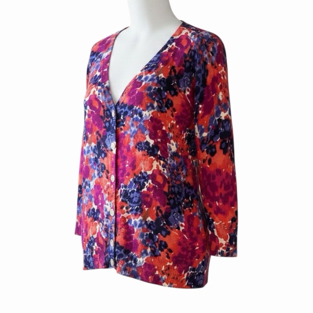Talbots Cardigan Sweater Abstract Print V-Neck Button Front Blue Orange S